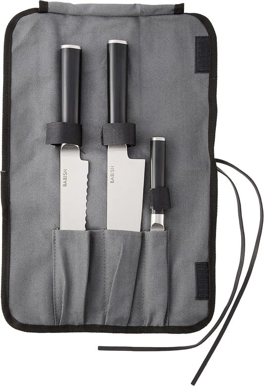 Babish German High-Carbon 1.4116 Steel Cutlery Knife Set, 3-Piece (Chef, Bread, & Pairing Knive) w\/Kitchen Knives Roll