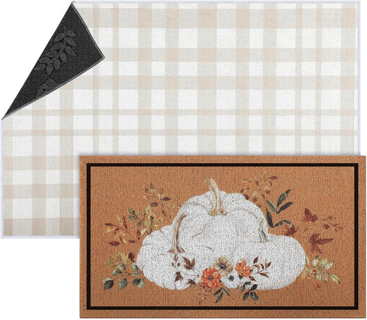 2 Pcs Fall Doormat Neutral Pumpkin Front Door Mat Autumn Buffalo Plaid Rug Combo Set Christmas Doormat Non Slip Gingerbread Man Entrance Door Rug for Porch Outdoor (Fall)