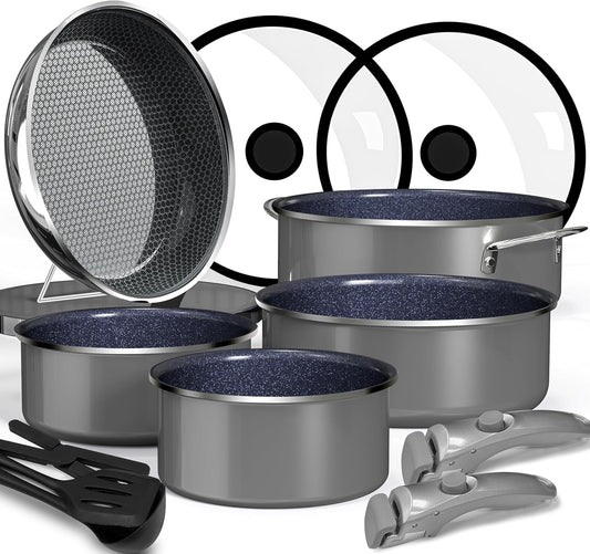Pro DUXANO 12PC Nonstick Pots and Pans Set&Hybrid 3-Ply Stainless Steel Skillet, High Heat Sear&Fry, 2-Layer Ceramic Induction Cookware, 9H Scratch-Resistant&Anti-Warp,PFAS Free,All Cooktop\/Dishwasher