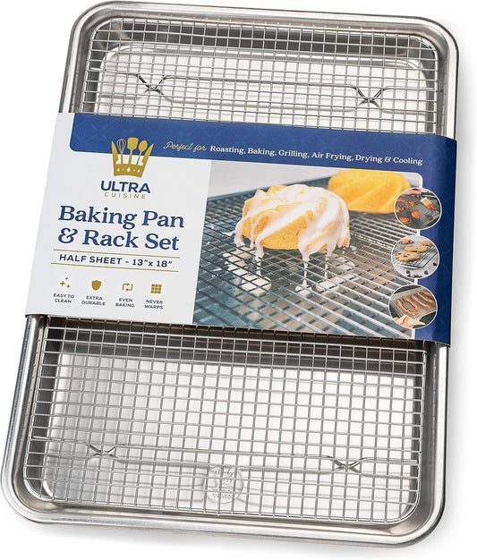 Ultra Cuisine Aluminum Baking Sheet with Stainless Steel Cooling Rack Set -Half Sheet Size Pan 13 x 18 inch, Durable Rimmed Sides, Easy Clean, Commercial Quality for Cooking and Roasting