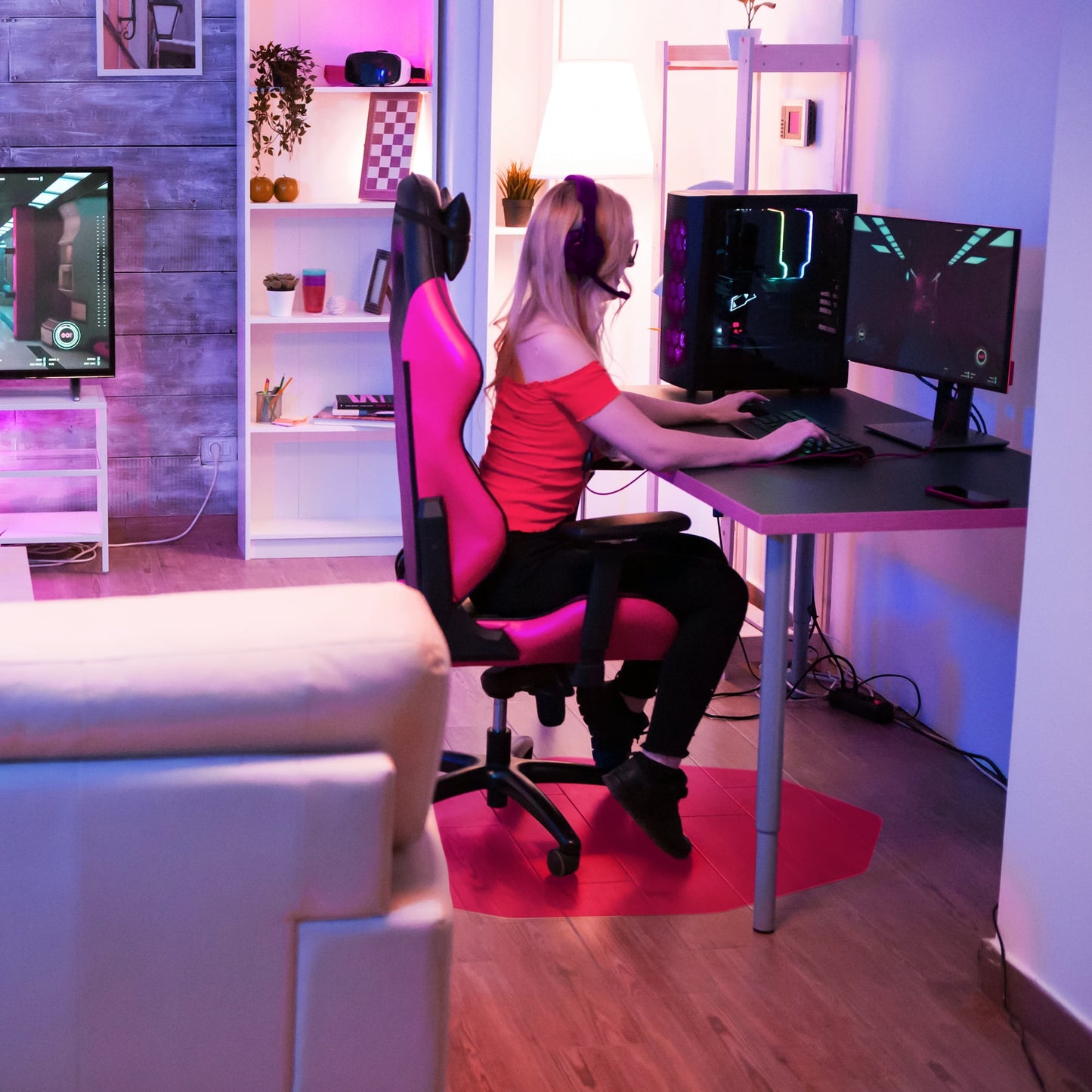 9MatÂ® Polycarbonate 9-Sided Pink Gaming E-Sport Chair Mat for Hard Floors - 38" x 39"