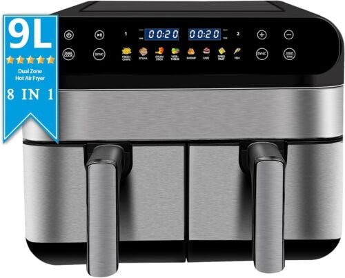 9QT Double Air Fryer W/ 2 x 4.5QT Independent Baskets, Dual Zone Air Fryer, Family Size Healthy Oil-free Air Fryer Oven, with Temperature Control & 10 Presets & Digital LED Display