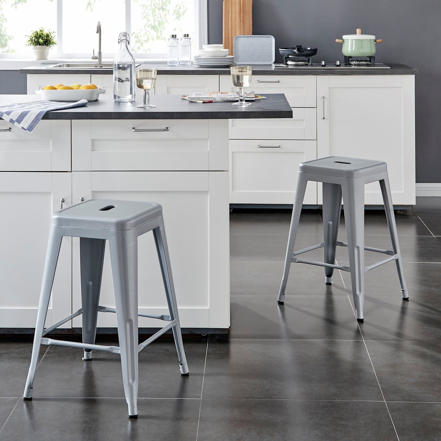 AC Pacific 24â€ Metal Backless Barstool Set of 2 â€“ Country Rustic Style, Lightweight & Sturdy Build, Easy Assembly â€“ Matte Silver