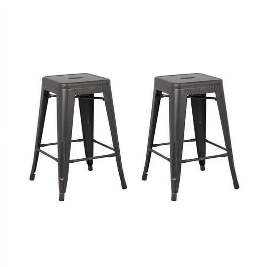AC Pacific Backless Distressed Metal Barstool, Black, 24 -inch, Set of 2