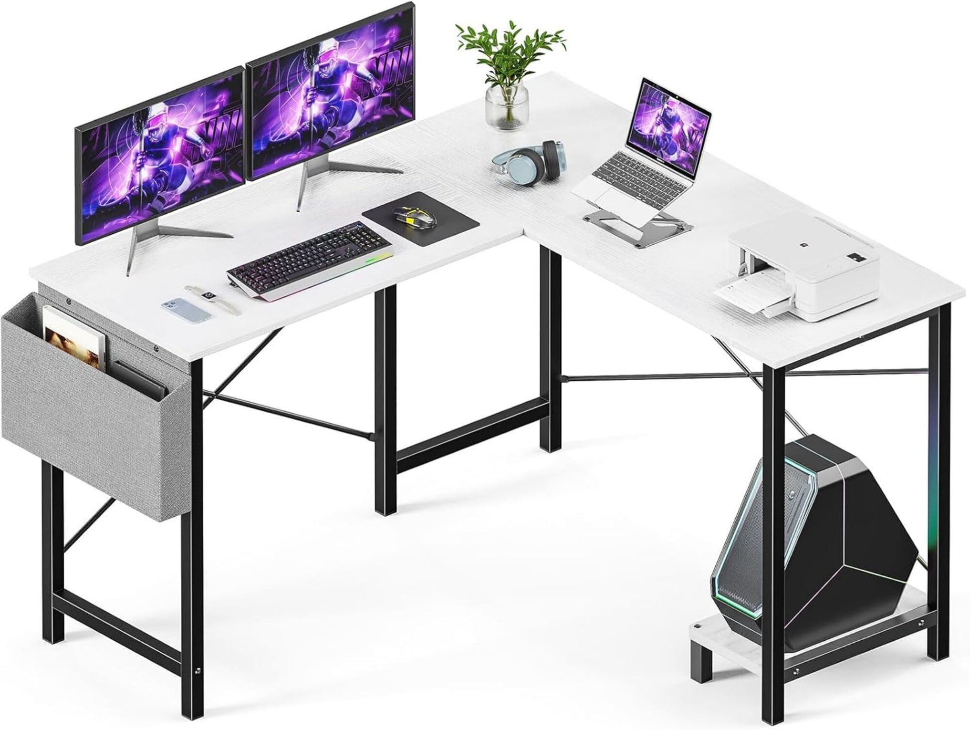 AENKYO 50" Reversible L-Shaped Computer Desk with Storage Bag & CPU Stand, Corner Desk for Home Office or Gaming, White