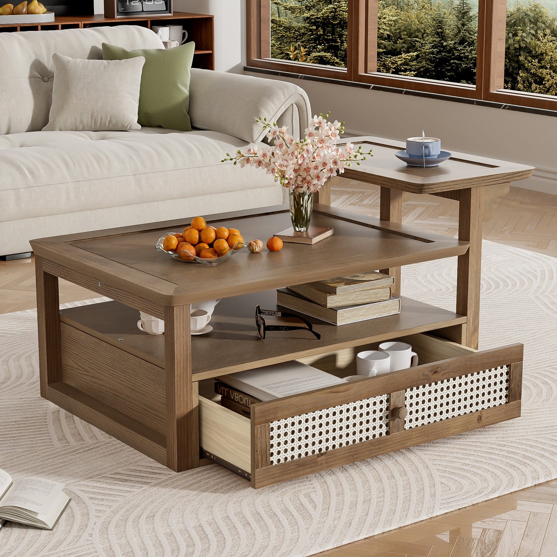 AENKYO Rustic Coffee Table with Rattan Drawer & Shelf - Modern Living Room End Table, Easy Assembly, Natural Color