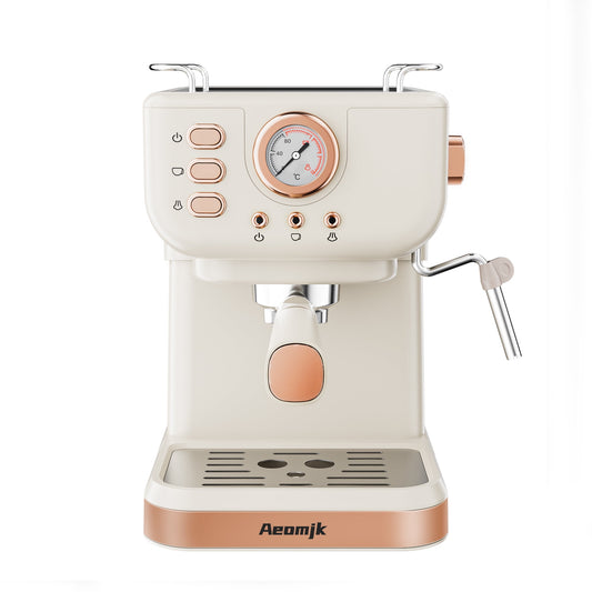 AEOMJK semi-automatic espresso machine, one-button operation, temperature display, with steam milk frother, 1.5L water tank, can make espresso, latte, cappuccino