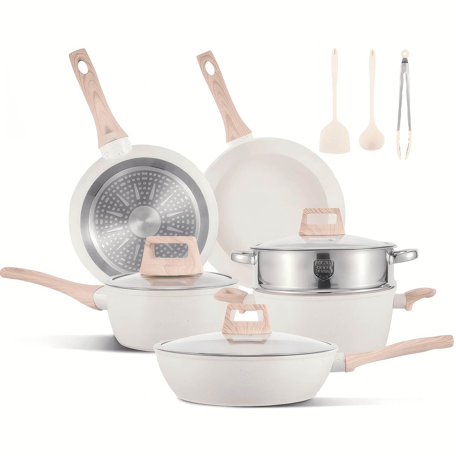 ALPULON 12 Pcs Pots and Pans Set, Granite Nonstick Cookware Sets, Kitchen Cooking Set with Detachable Handle, White