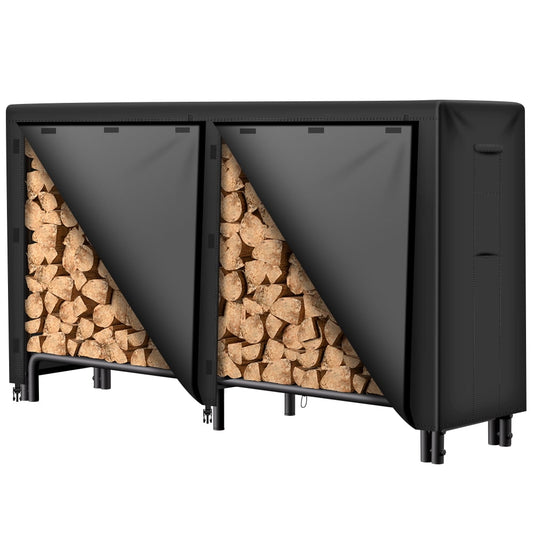 AMAGABELI GARDEN & HOME 6ft Firewood Log Rack with Waterproof Cover Combo Set Outdoor Log Holder for Fireplace Heavy Duty Wood Stacker Pit for Patio Logs Storage Steel Tubular Wood Pile Rack Black
