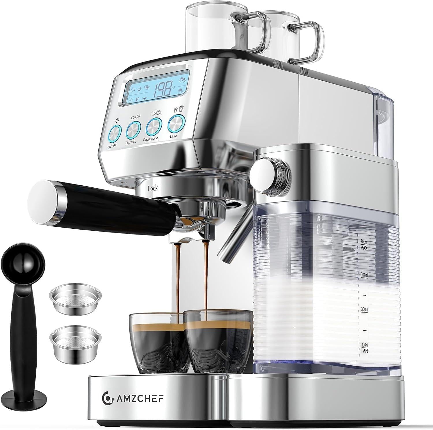 AMZCHEF Espresso Machine with LCD Display, 20 Bar Cappuccino Machines with Milk Frother for Home Gifts, Latte Coffee Maker with Dual Wall & Filters, Stainless Steel Style sliver