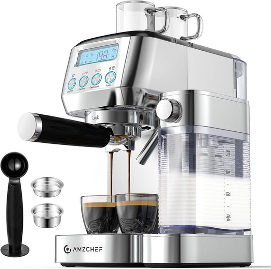 AMZCHEF Espresso Machine with LCD Display, 20 Bar Cappuccino Machines with Milk Frother for Home Gifts, Latte Coffee Maker with Dual Wall & Filters, Stainless Steel Style sliver