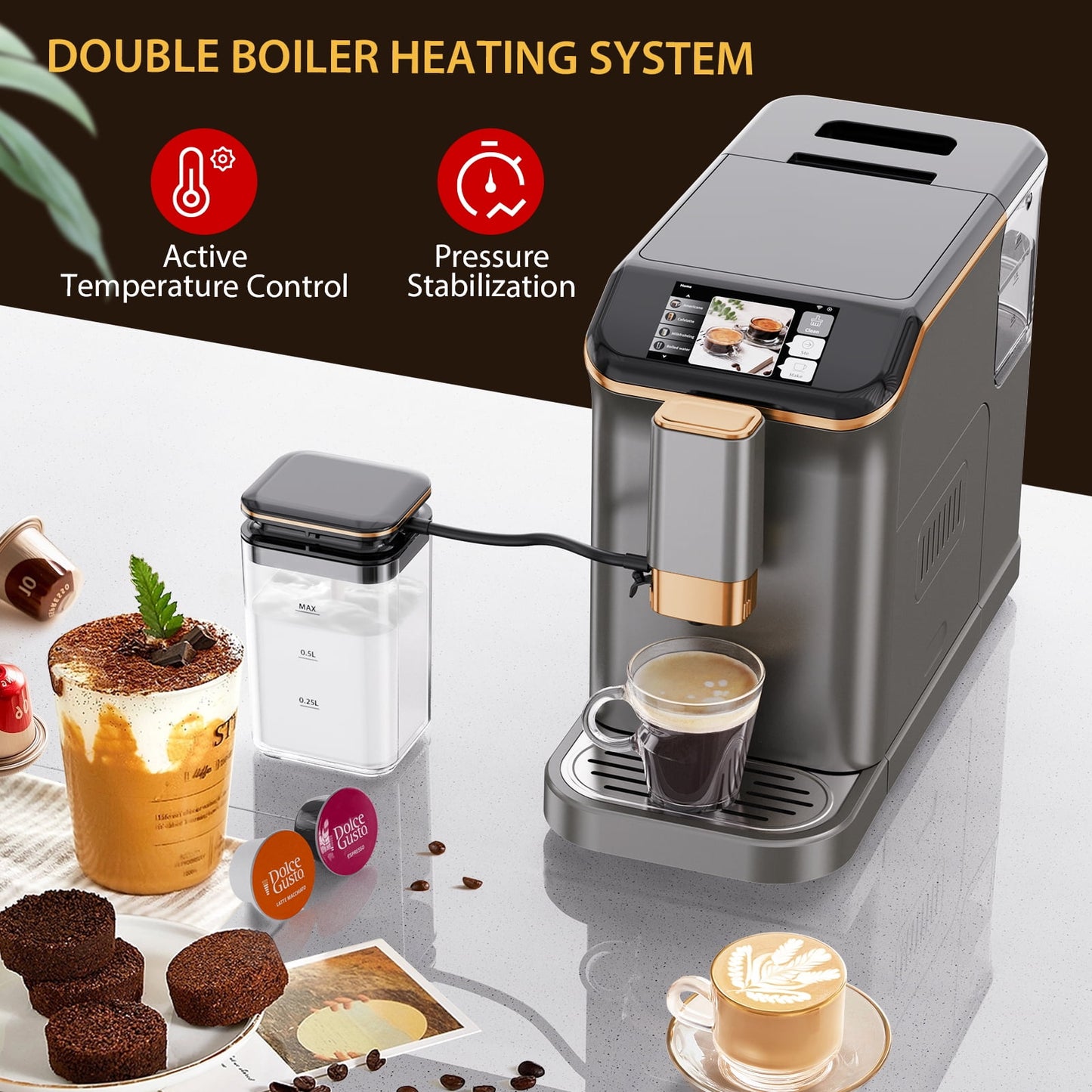 AOILE 20-Bar Dual Boiler Espresso Machine, Self-Cleaning Coffee Maker with Grinder & LCD Touch Panel