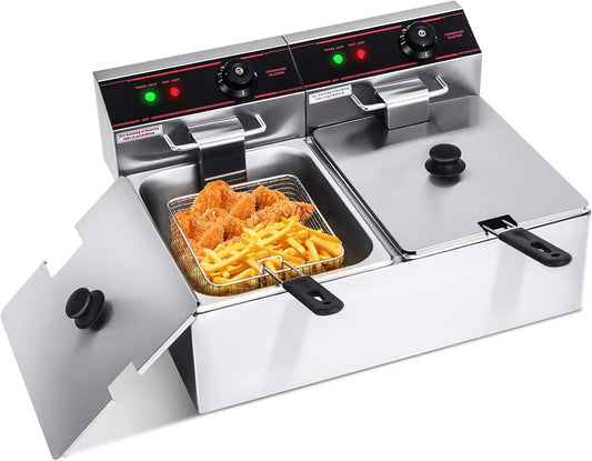 ARLIME Commercial Deep Fryer, 3400W Countertop Electric Fryers w/Basket Large Dual Tank Chicken Chips Fryer 2 x 5.8QT/5.5L w/Removable Oil Tank & Temperature Control for Restaurant Party Kitchen