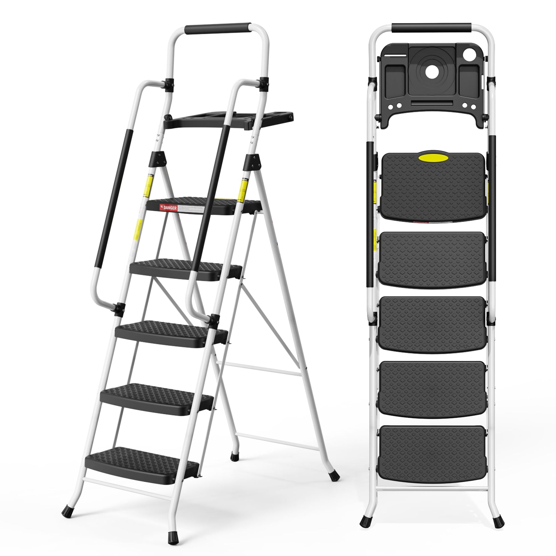 ASoopher 5 Step Ladder with Tool Tray and Handrails, Folding Stool with Wide Anti-Slip Pedal, Tool Platform, Sturdy Steel Ladder, White