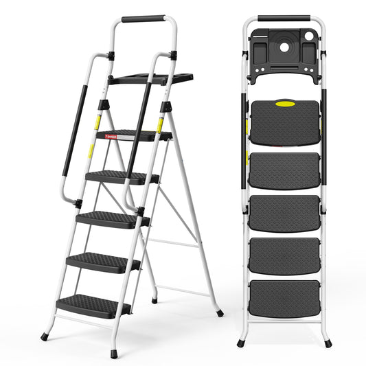 ASoopher 5 Step Ladder with Tool Tray and Handrails, Folding Stool with Wide Anti-Slip Pedal, Tool Platform, Sturdy Steel Ladder, White