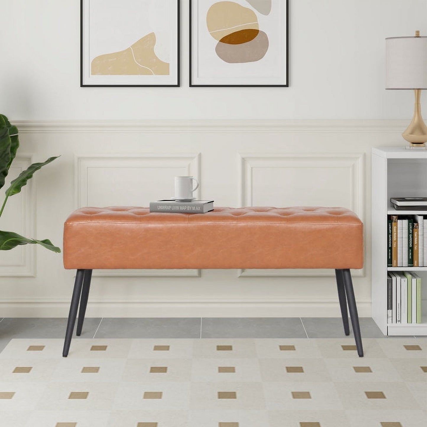 Abble 38" Wide Upholstered Entryway Bench, Tufted Ottoman Bench, Small Bed Room Bench, Casual Dining Room Bench, Black