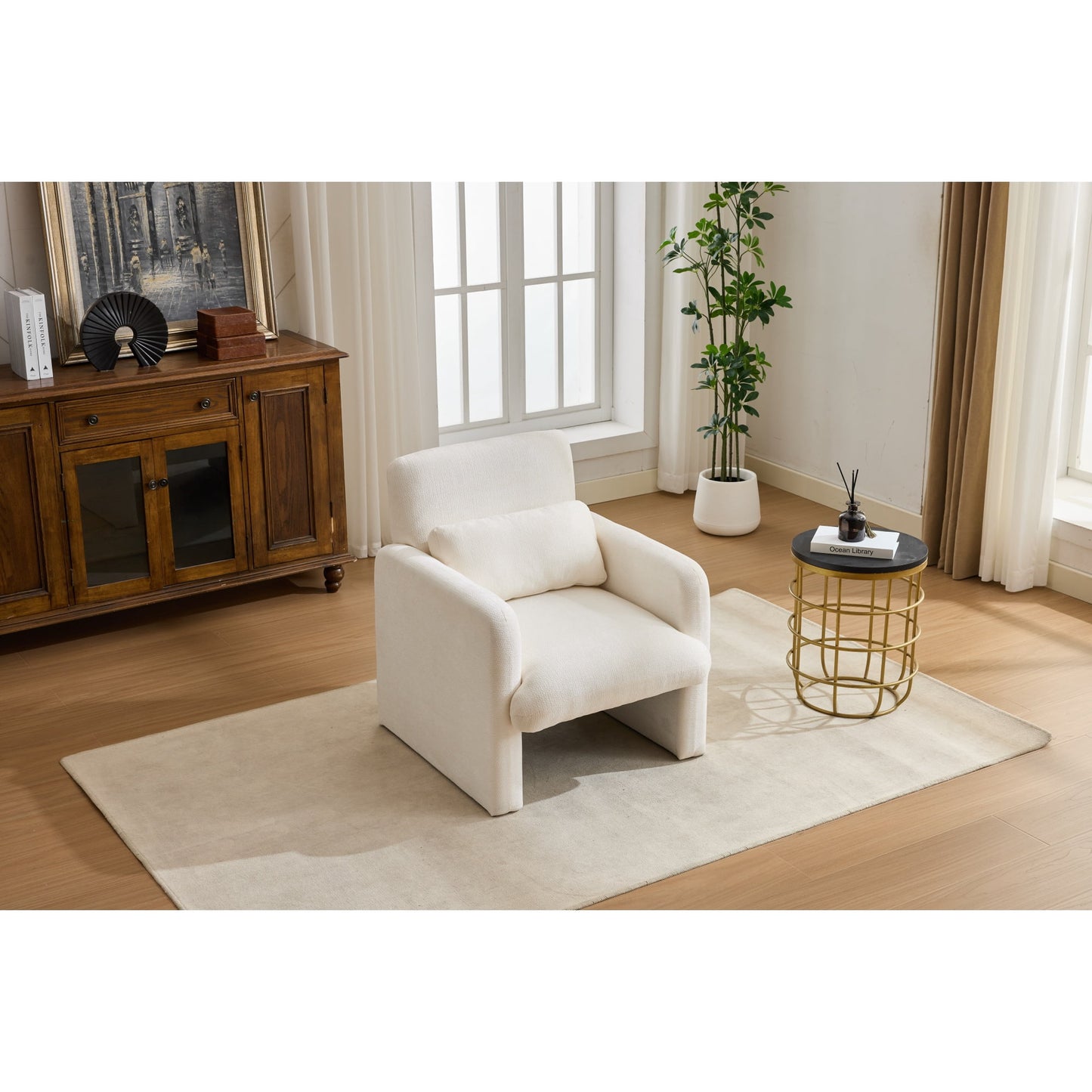 Accent Chair, Armchair, Chenille Chair&nbsp;Modern Upholstered Fabric Accent Armchair with Solid Wood Frame for Living Room, Bedroom, Apartment, Ancient White