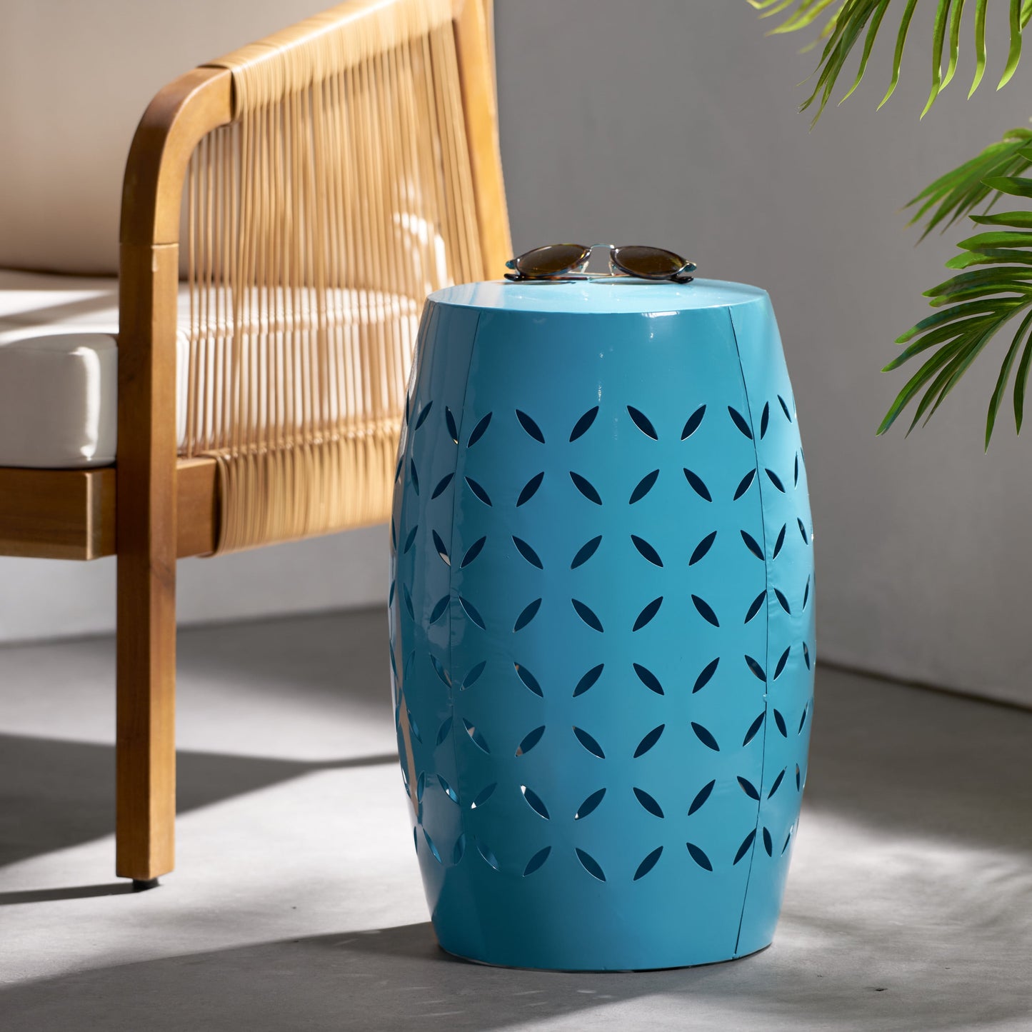 Accent Side Table 12 Inch, Outdoor Cylindrical Design End Table for Patio Balcony, Blue