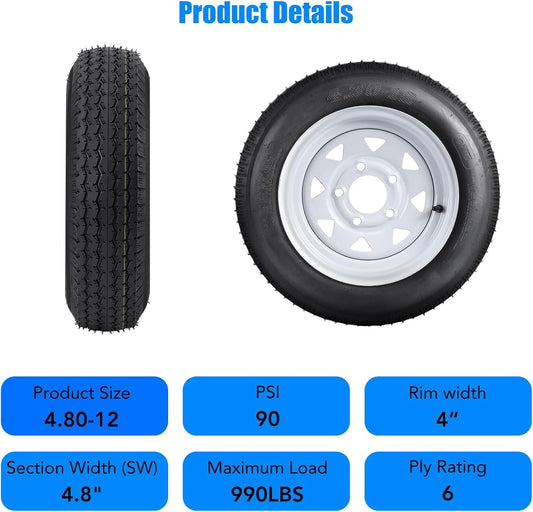 Accreate 2-pcs 4.80-12 4.80x12 480-12 4.80-12 Tires with 12'' Rims, 2 Pack 4.80-12 Tire 5 Lug on 4.5'', Load Range C 6PR
