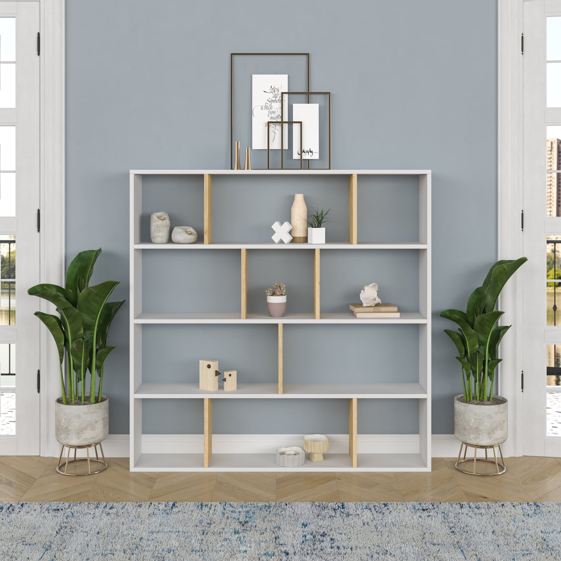 Ada Home Decor Hobdi 4 Tier Open Shelf Cube Modern Bookcase, White/Oak