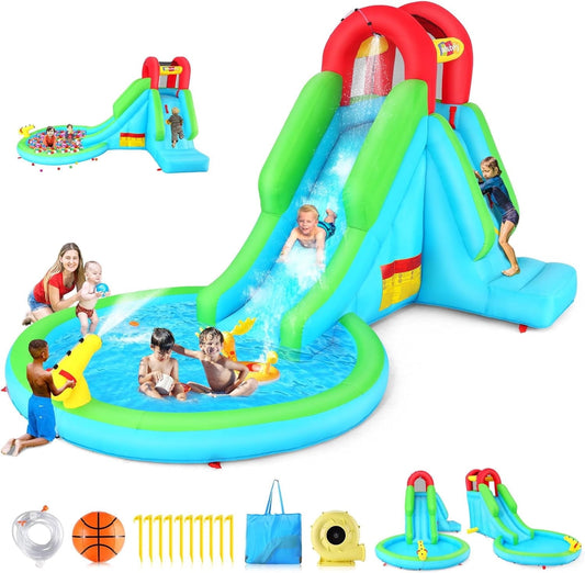Adnoom Bounce House with Large Pool/Ball Pit, Water Slide with Nozzle, Inflatable Bounce House with Water Cannon Climbing Wall, 322W Blower, for 2 Kids