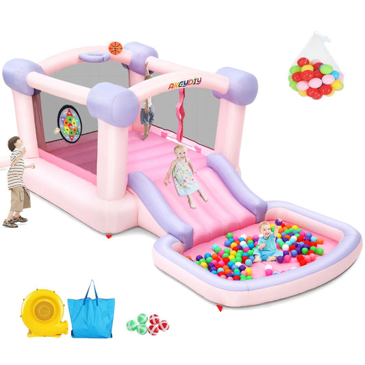 Adnoom Pink Bounce House, Inflatable Bounce Castle for Kids 3-10, Children's Indoor/Outdoor Jumping House with 470W Blower, Wide Slide, Ball pit, 50 Ocean Balls, Dart Game for Backyard Party Birthday