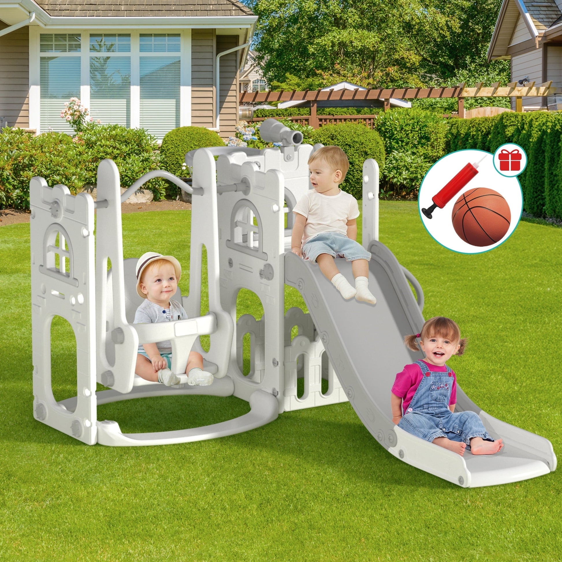 Aikidkit Toddler Slide and Swing Set, Indoor Outdoor 6 in 1 Kids Slide for Toddlers Age 6-36 Months, Toddler Playset Toddler Playground with Climber, Basketball Hoop and Telescope (White & Gray)