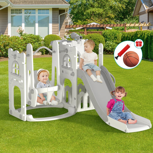 Aikidkit Toddler Slide and Swing Set, Indoor Outdoor 6 in 1 Kids Slide for Toddlers Age 6-36 Months, Toddler Playset Toddler Playground with Climber, Basketball Hoop and Telescope (White & Gray)
