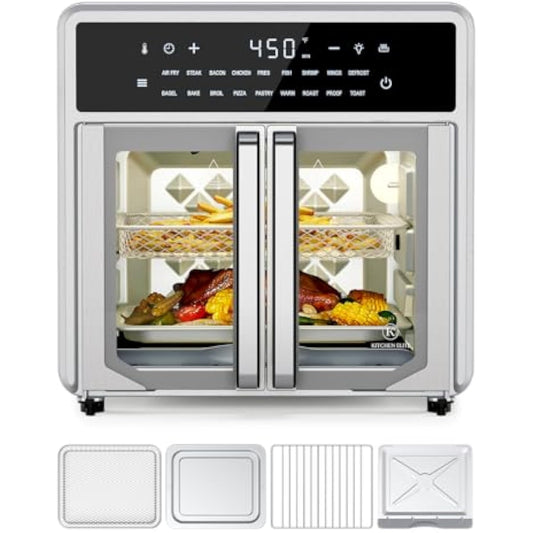 Air Fryer French Door Oven,15.8 Qt Toaster Oven Countertop Combo,18 Presets & 1 Preheat & Light, Airfryer Basket,Wire Rack,Baking Pan,Crumb Tray,Compact Design,Stainless Steel,Small