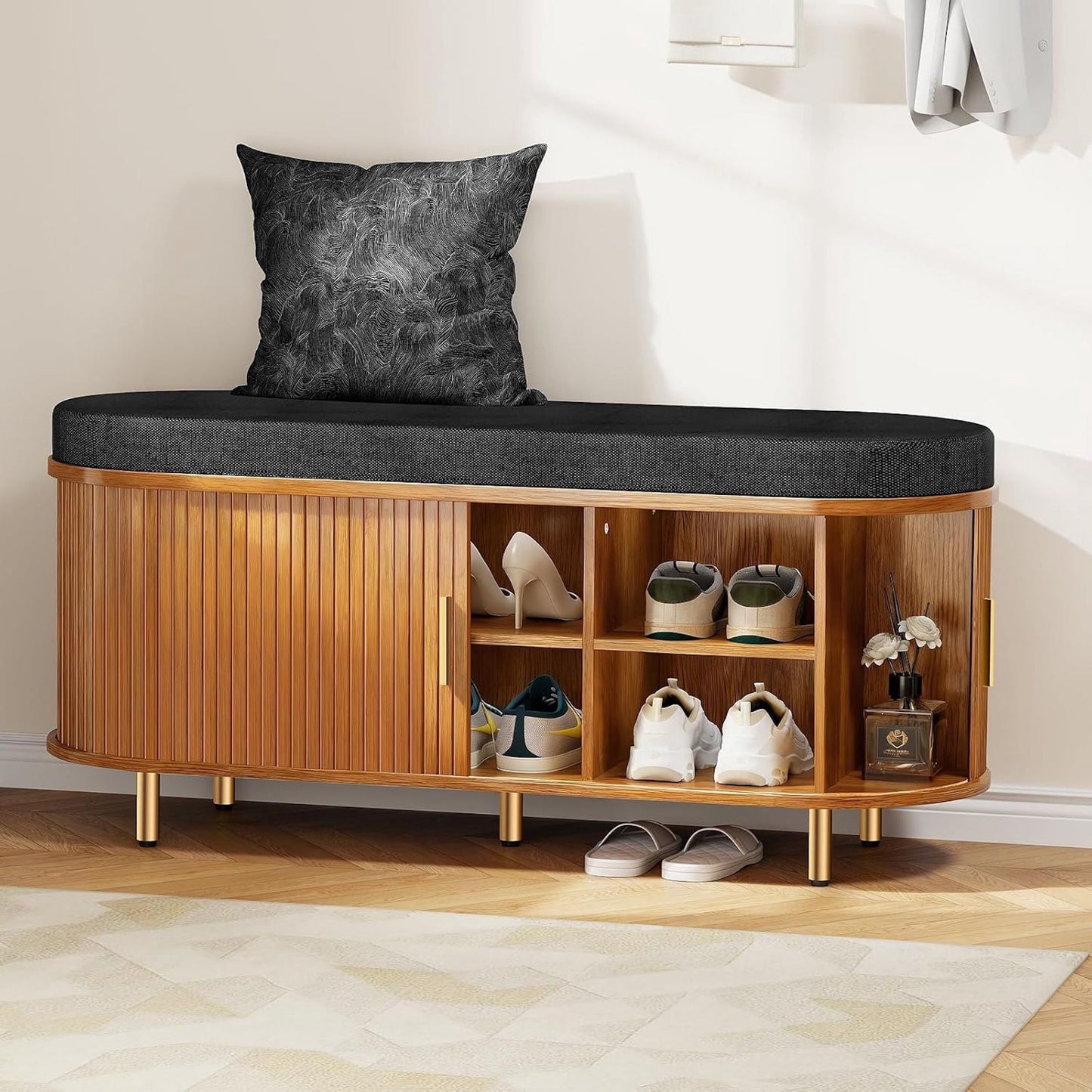 Aisword 2-Tier Shoe Bench Storage with Sliding Door, Padded Cushion, Adjustable Shelf, Yellow