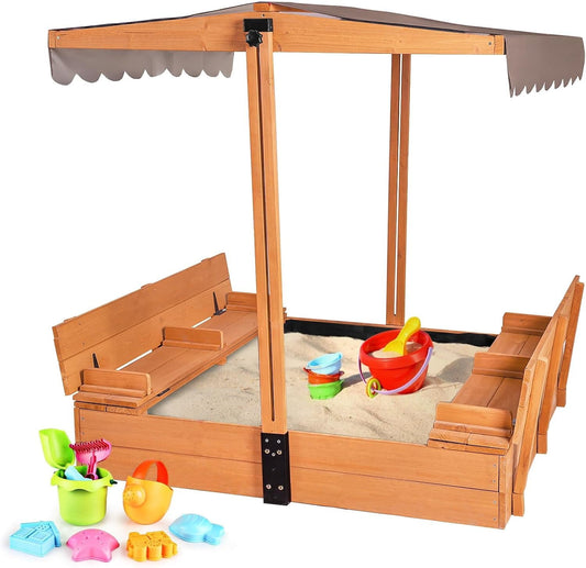 Aivituvin Outdoor Sandbox with UV-Resistant Canopy, Sand Box with 2 Foldable Seats, 47"x47" Length