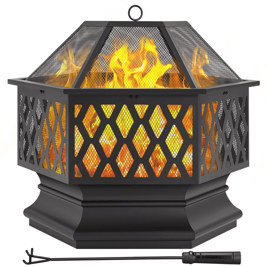Alden Design 26" Hex-Shaped Steel Fire Pit Wood Burning Fireplace with Spark Screen & Fire Poker for Outdoor, Black
