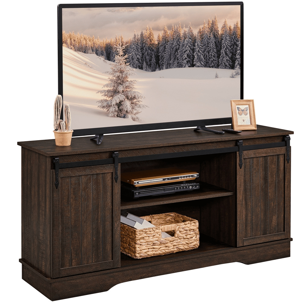 Alden Design 58in Rustic Style Sliding Barn Door TV Stand  for TVs up to 65in,  Dark Walnut