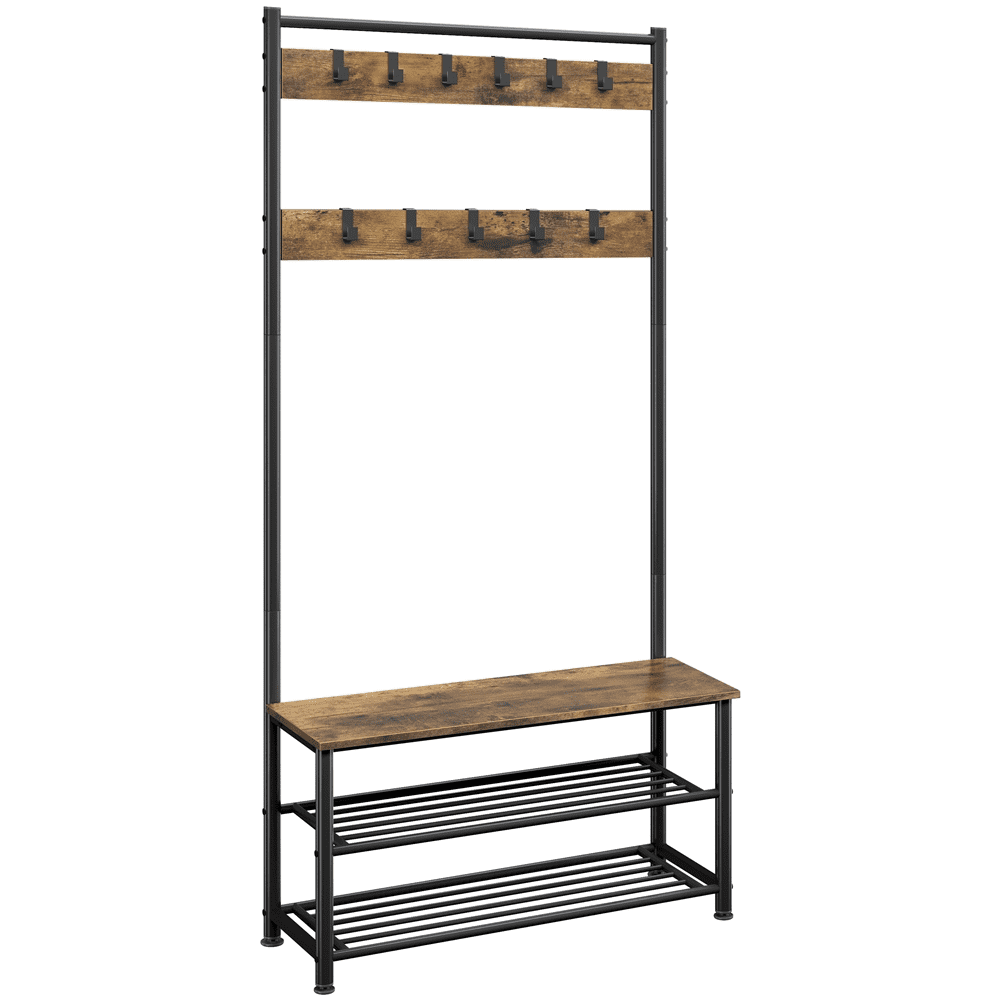 Alden Design 73"H Metal Hall Tree with 2 Layer Shoe Storage, Rustic Brown
