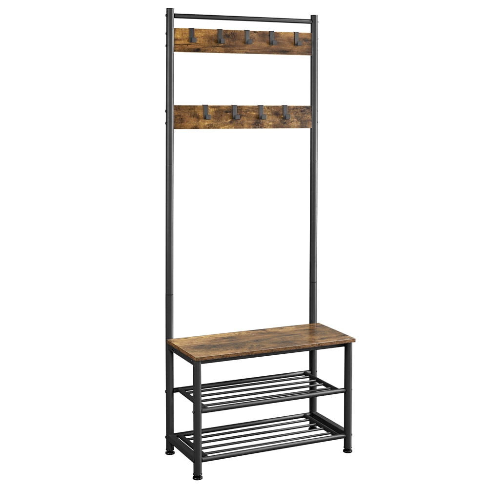 Alden Design 73" Metal Hall Tree with Shoe Storage Bench, Rustic Brown