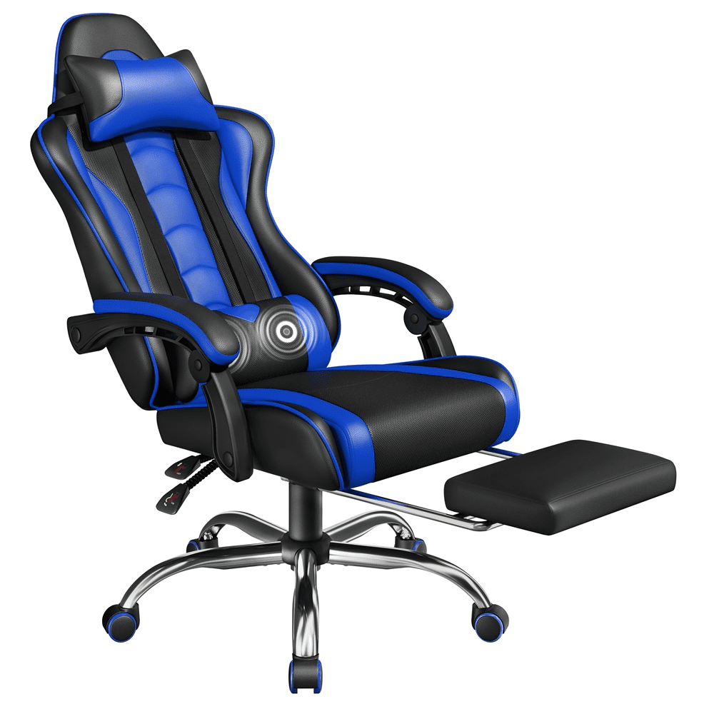 Alden Design High Back Reclining Ergonomic Gaming Chair with Slide Out Footrest, Black/Blue