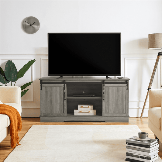 Alden Design Industrial Retro TV Stand Storage Cabinet with Sliding Barn Door, Grey Wash