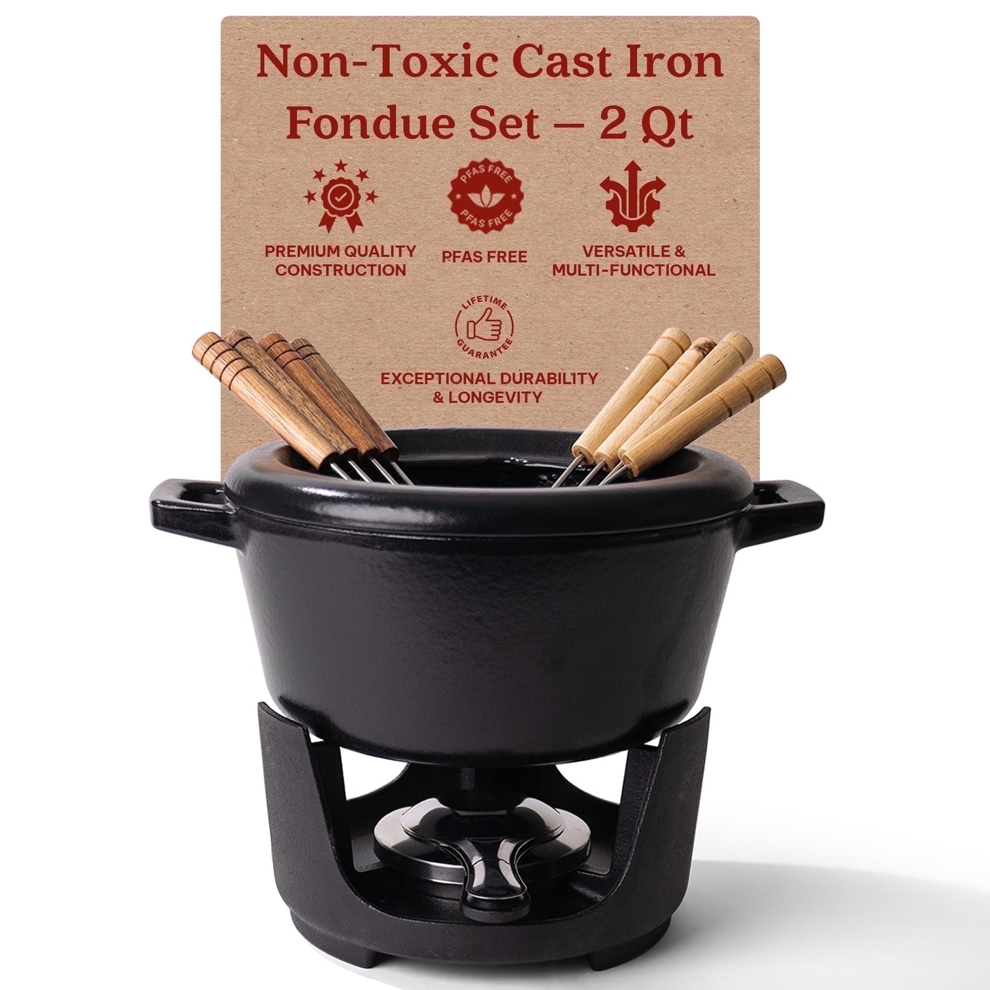 Alva Nori 2QT Enameled Cast Iron Fondue Pot Set w/ 8 Wooden Forks & Flame Control