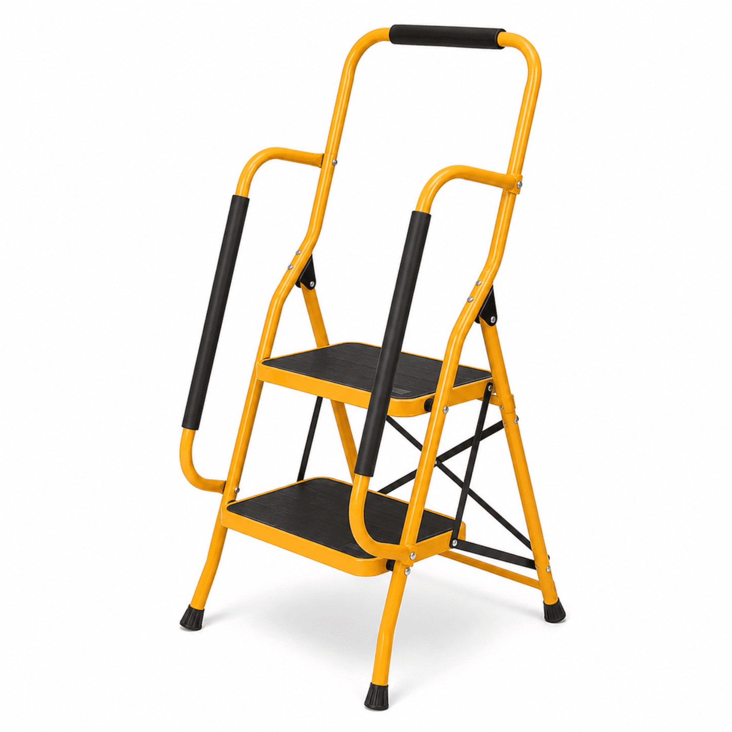 Alvantor 2 Step Folding Ladder with Handrails, 330 lb Iron Step Stool with Wide Anti-Slip Pedals, Ginger Yellow