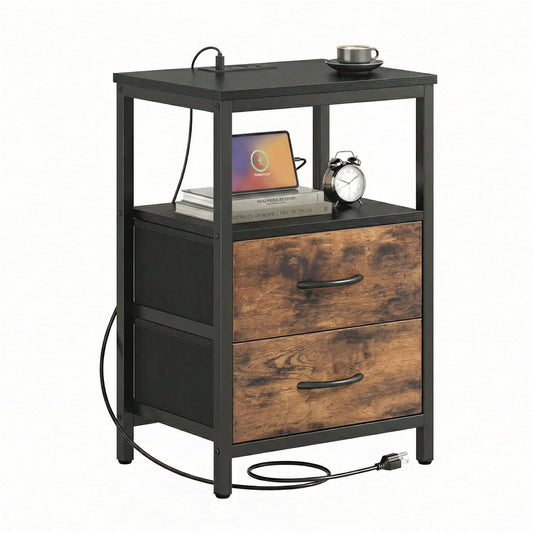 Alvantor Bedside Table Charging Station Nightstand with Fabric Drawers, End Side Table for Bedroom Living Room