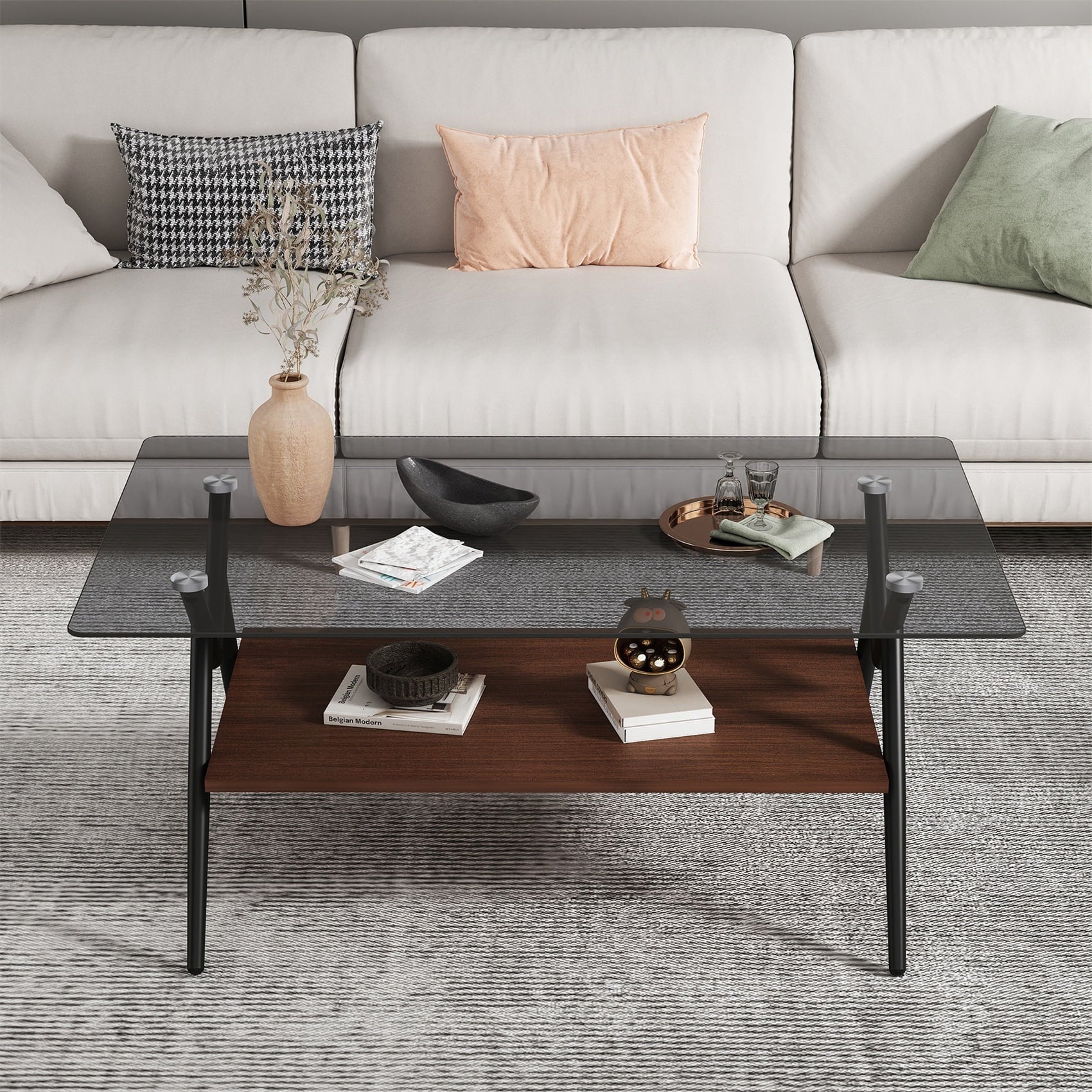 Alvantor Modern Glass Coffee Table, 38.6" with Brown Tempered Top and Metal Legs for Living Room