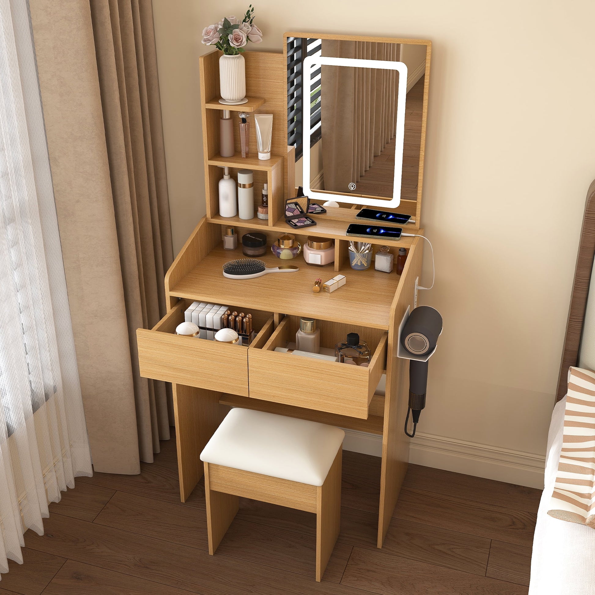 Alvantor Vanity Desk Set: Makeup Table with Mirror & Lights, Built-in Power Outlet & Hairdryer Holder