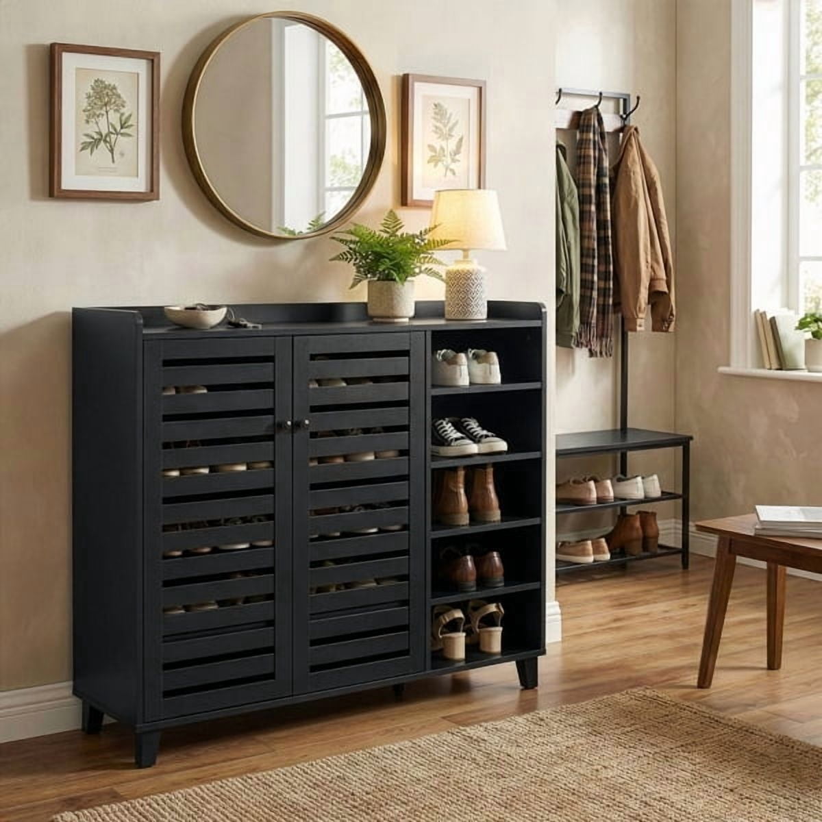 Alvantor Shoe Cabinet, 2 Doors with 5 Open Compartments, Holds 14-18 Pairs, 45.7" W, Black