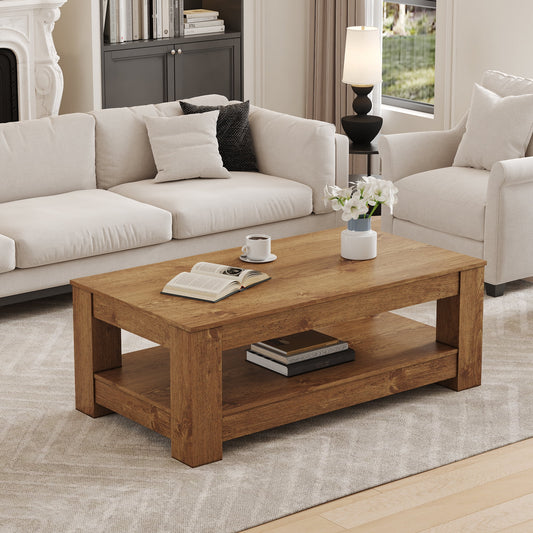 Alvantor Natural Wood Coffee Table with Double Layer MDF, Industrial Design, 43.3 x 23.6in