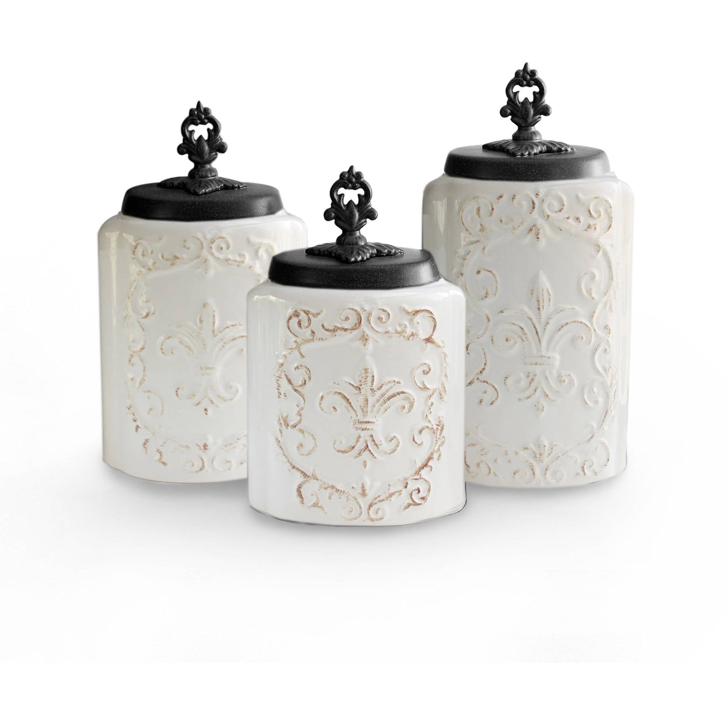American Atelier, Round, White Antique Ceramic Kitchen Canister Set of 3, 60.5oz, 74.5oz, 84.5oz