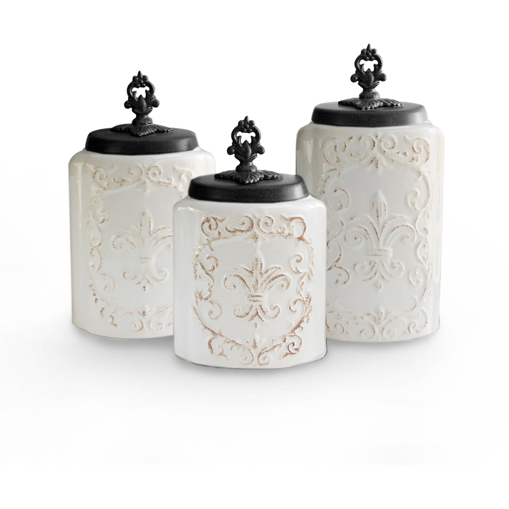 American Atelier, Round, White Antique Ceramic Kitchen Canister Set of 3, 60.5oz, 74.5oz, 84.5oz