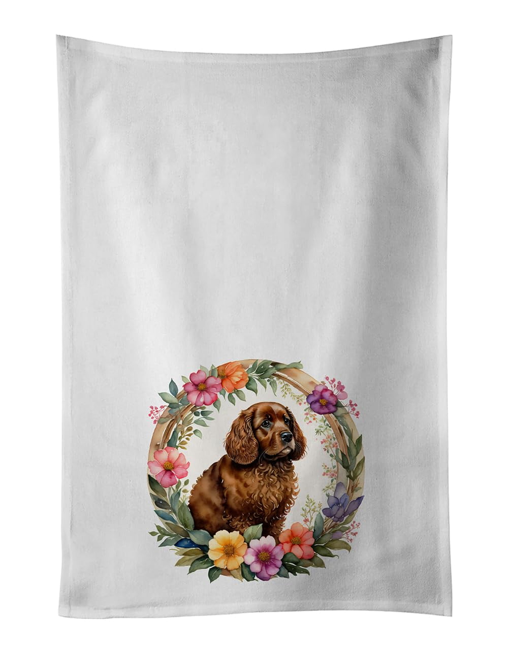 American Water Spaniel and Flowers Kitchen Towel Set of 2 White Dish Towels 19 in x 28 in