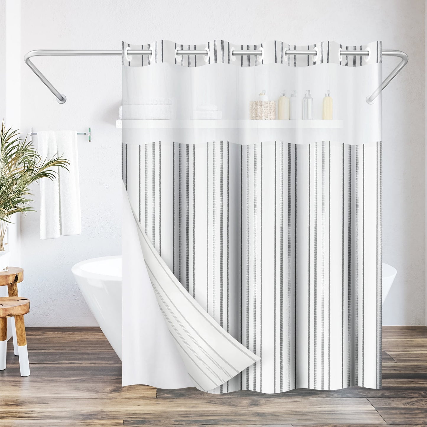Americanflat 72x75 Hookless Shower Curtain - Abstract Grey Lines Shower Curtain with Sheer Panel, Snap-In Liner, and Grommets - 100% Polyester