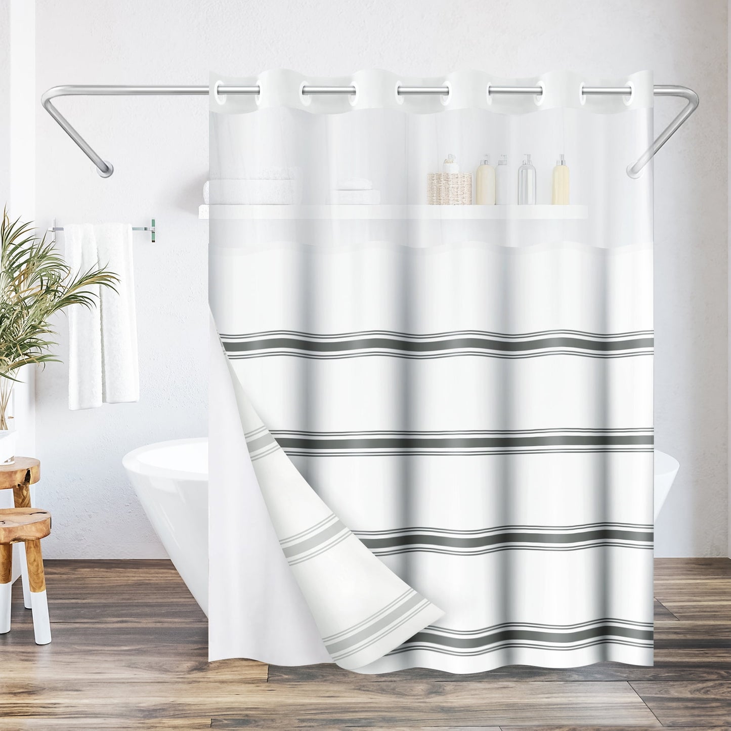 Americanflat 72x75 Hookless Shower Curtain - Grey Abstract Lines Shower Curtain with Sheer Panel, Snap-In Liner, and Grommets - 100% Polyester