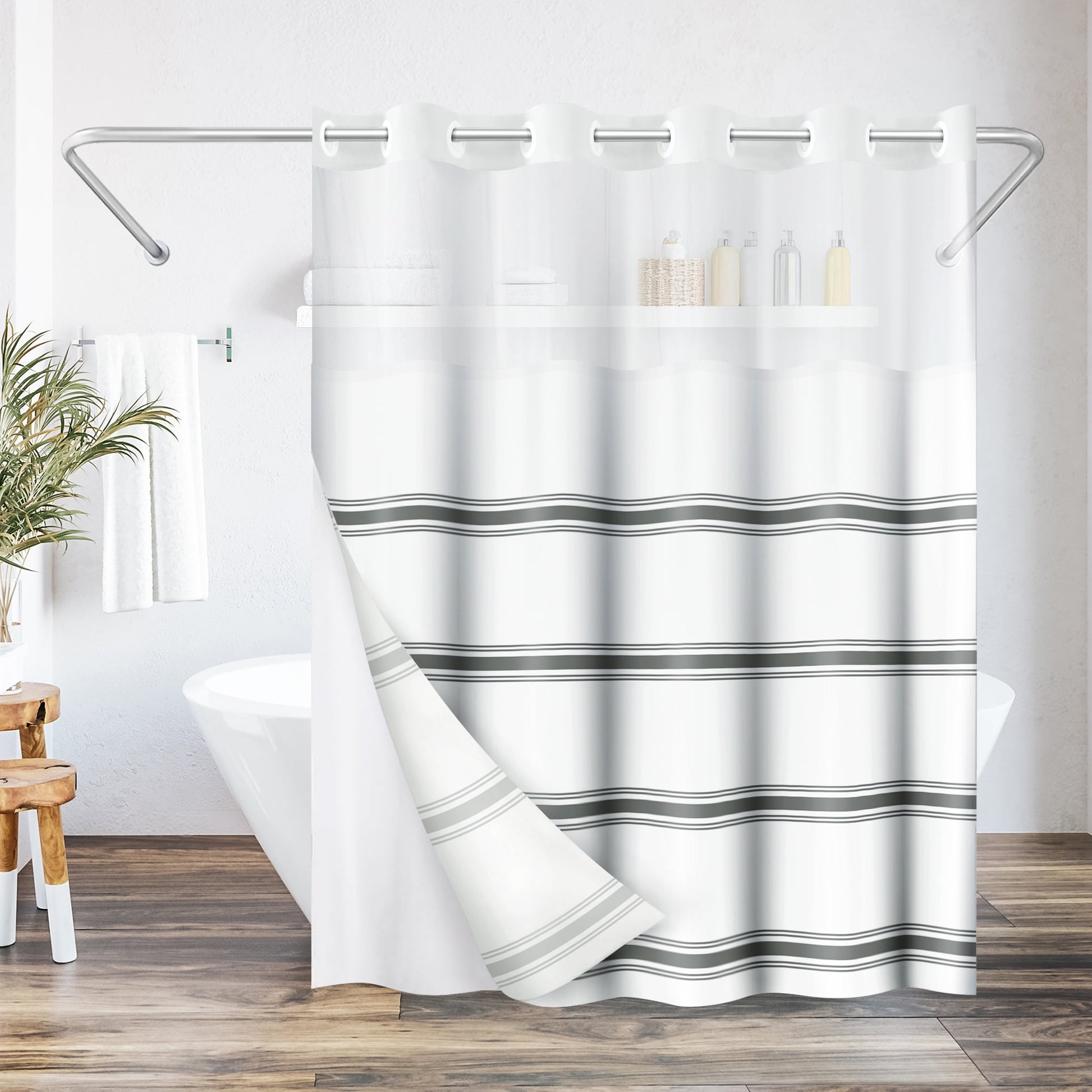 Americanflat 72x75 Hookless Shower Curtain - Grey Abstract Lines Shower Curtain with Sheer Panel, Snap-In Liner, and Grommets - 100% Polyester